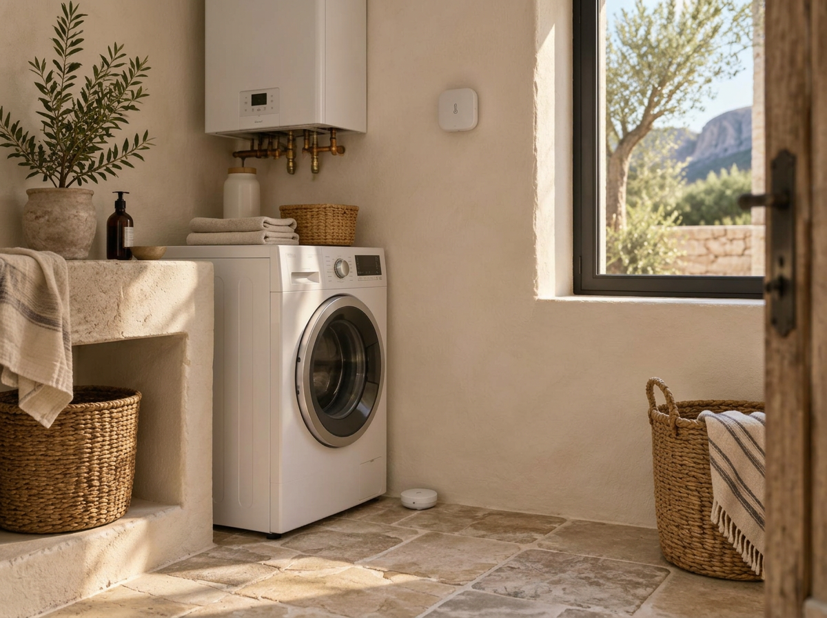 Bijkeuken met boiler en wasmachine, met een kleine watersensor op de vloer en een klimaatsensor aan de muur