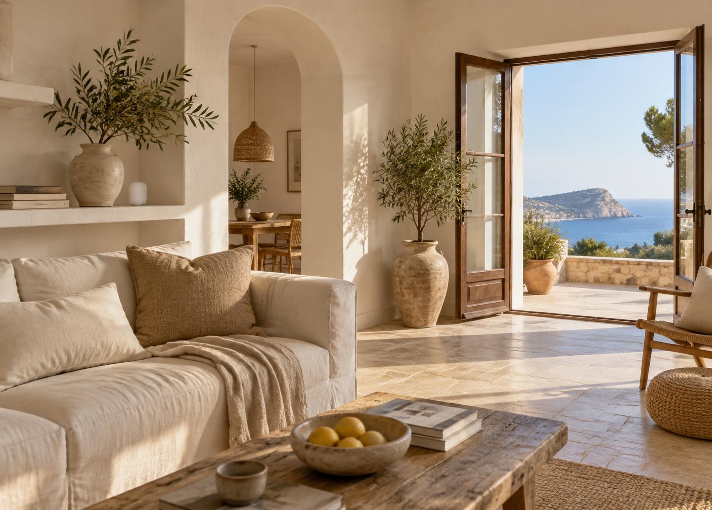 Lichte woonkamer met zeezicht aan de Costa Blanca met een kleine sensor op de plank