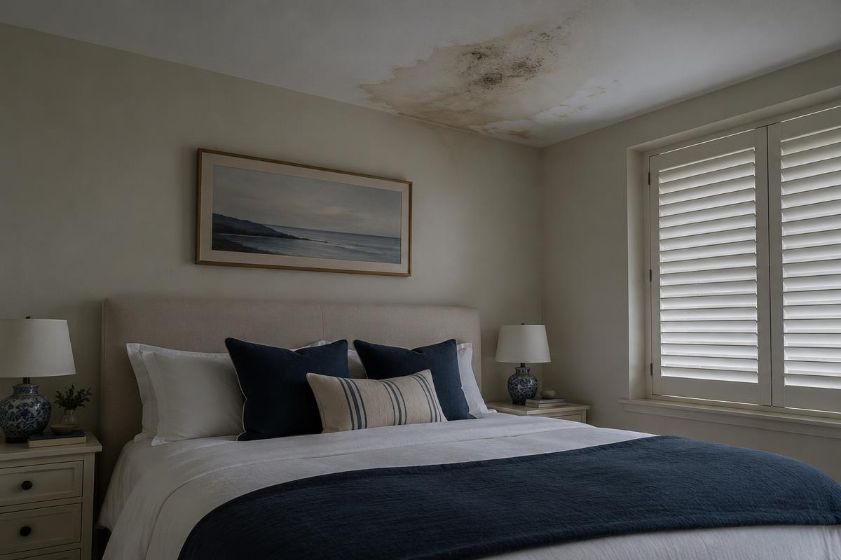Slaapkamer met een vochtplek op het plafond