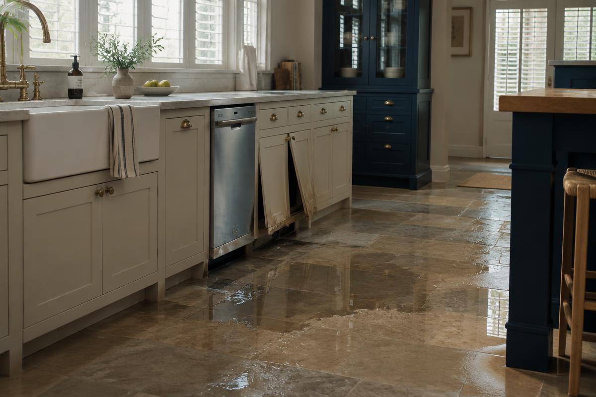 Keuken met water op de vloer bij de vaatwasser